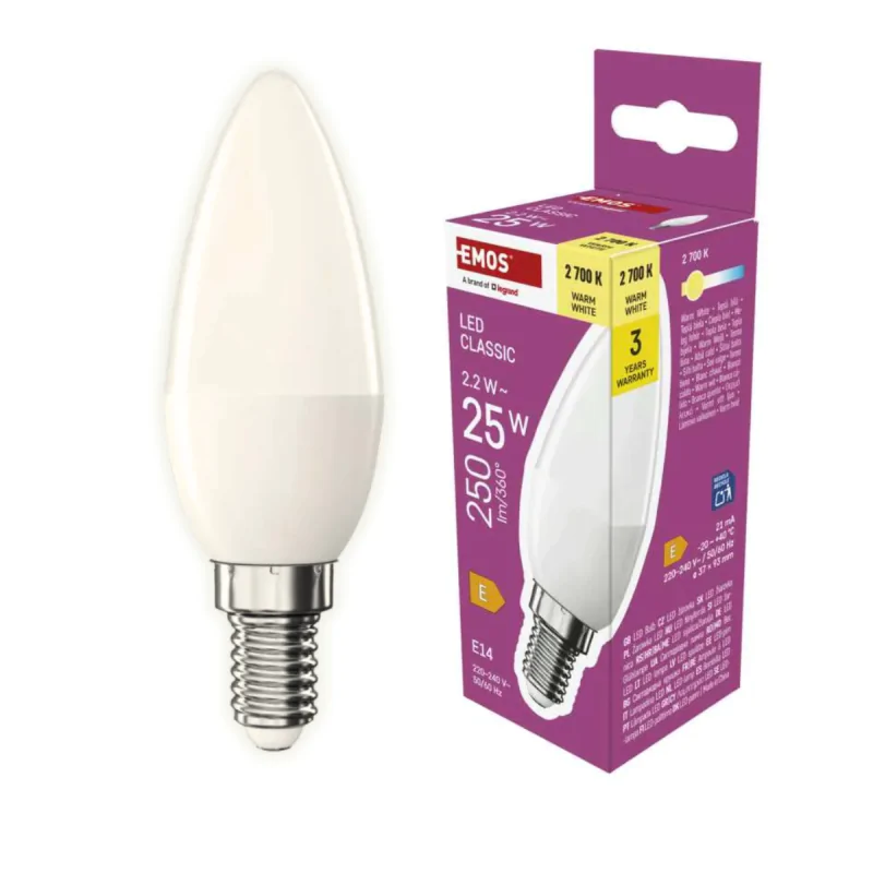 Gwint-trzonek-e14 - żarówka led e14 świeczka 2,2w ciepła 2700k odpowiednik 25w zq3e01 emos firmy EMOS 