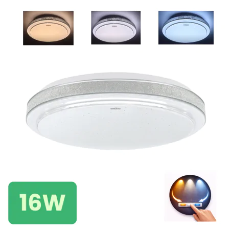 Plafony - dekoracyjna plafoniera led 16w okrągła lampa sufitowa  ze srebrna wstawką 3 barwy światła agata ideus 