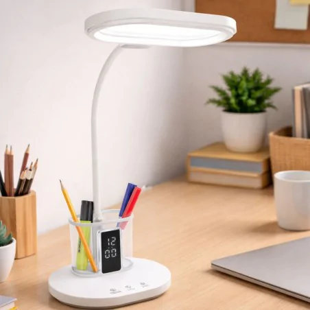 Lampki-biurkowe - lampka biurkowa led z regulacją światła zegarem i lusterkiem biała 12w elipso ideus 