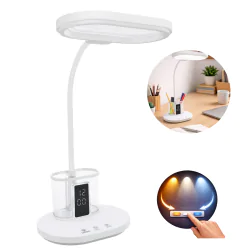 Lampki-biurkowe - lampka biurkowa led z regulacją światła zegarem i lusterkiem biała 12w elipso ideus