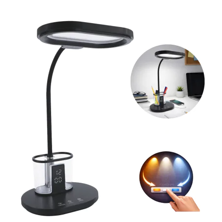 Lampki-biurkowe - czarna lampka biurkowa led z regulacją światła zegarem i lusterkiem 12w elipso ideus 