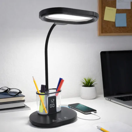 Lampki-biurkowe - czarna lampka biurkowa led z regulacją światła zegarem i lusterkiem 12w elipso ideus 