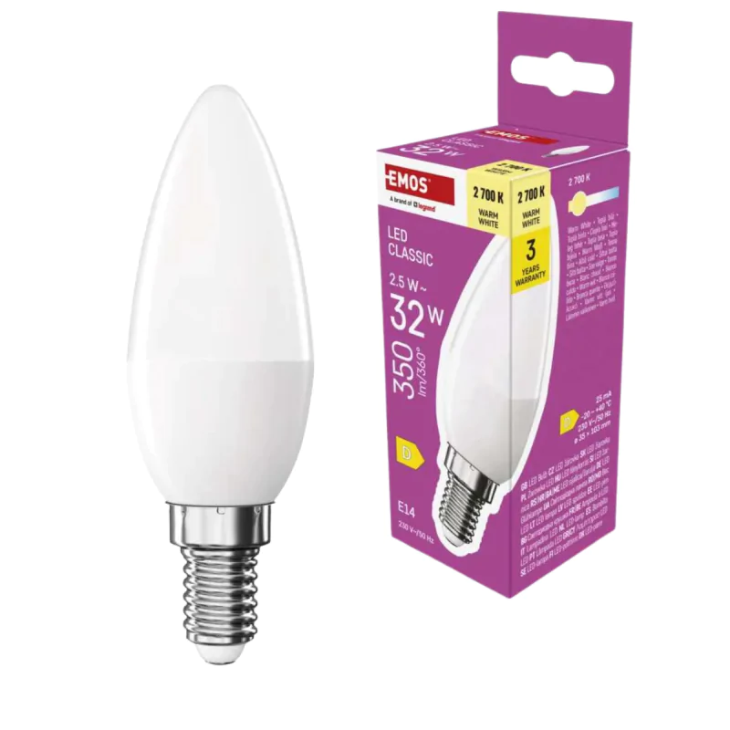 Gwint-trzonek-e14 - żarówka led e14 świeczka 2,5w ciepła 2700k odpowiednik 32w 350lm emos firmy EMOS 