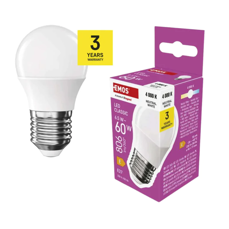 Gwint-trzonek-e27 - żarówka kulka led e27 neutralna 6,5w odpowiednik 60w 806lm emos firmy EMOS 
