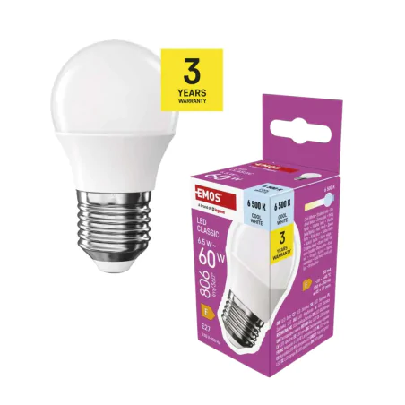 Gwint-trzonek-e27 - zq6e44 żarówka ledowa mini kulka e27 zimna 6500k 6,5w-60w 806lm emos 