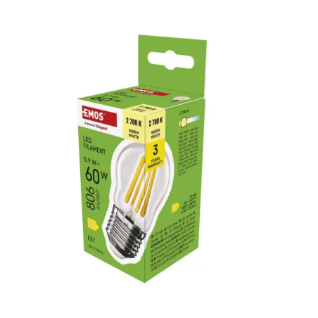 Gwint-trzonek-e27 - żarówka kulka filament led e27 ciepła 2700k 5,9w odpowiednik 60w 806lm emos 