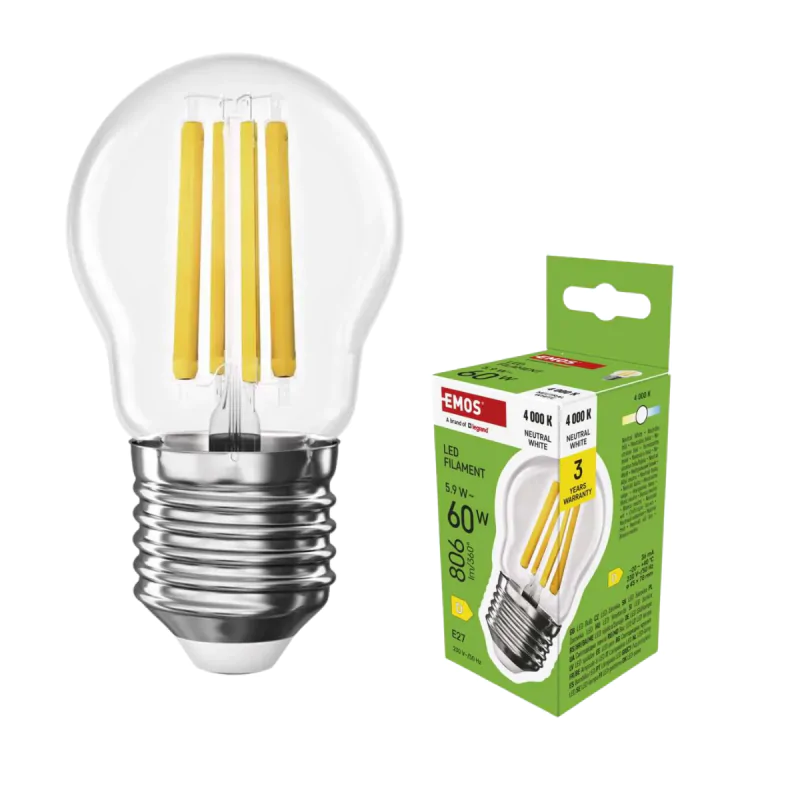 Gwint-trzonek-e27 - neutralna żarówka kulka filament led e27 4000k 5,9w odpowiednik 60w 806lm emos firmy EMOS 