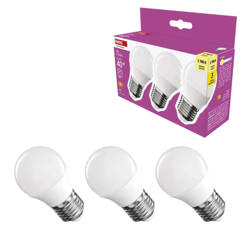 Gwint-trzonek-e27 - zq6e21.3 zestaw 3 żarówek led e27 kulka mleczna 4,2w ciepła 2700k 40w 470lm emos firmy EMOS 