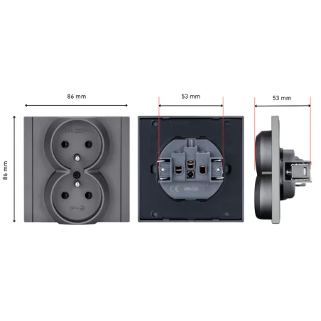 Gniazda-podwojne-podtynkowe - szare gniazdo podwójne uziemieniem z ramką w komplecie cc tr 16x wesa 