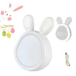 Oswietlenie-do-pokoju-dzieciecego - lampka nocna led z zegarkiem i budzikiem prezent dla dzieci zajączek interblue