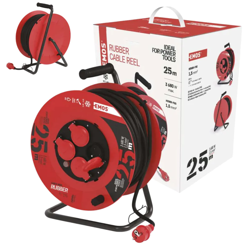 Przedluzacze-bebnowe - przedłużacz zwijany gumowy - 4 gniazda, 3x1,5, 25m p084251 emos - 1908242503 firmy EMOS 