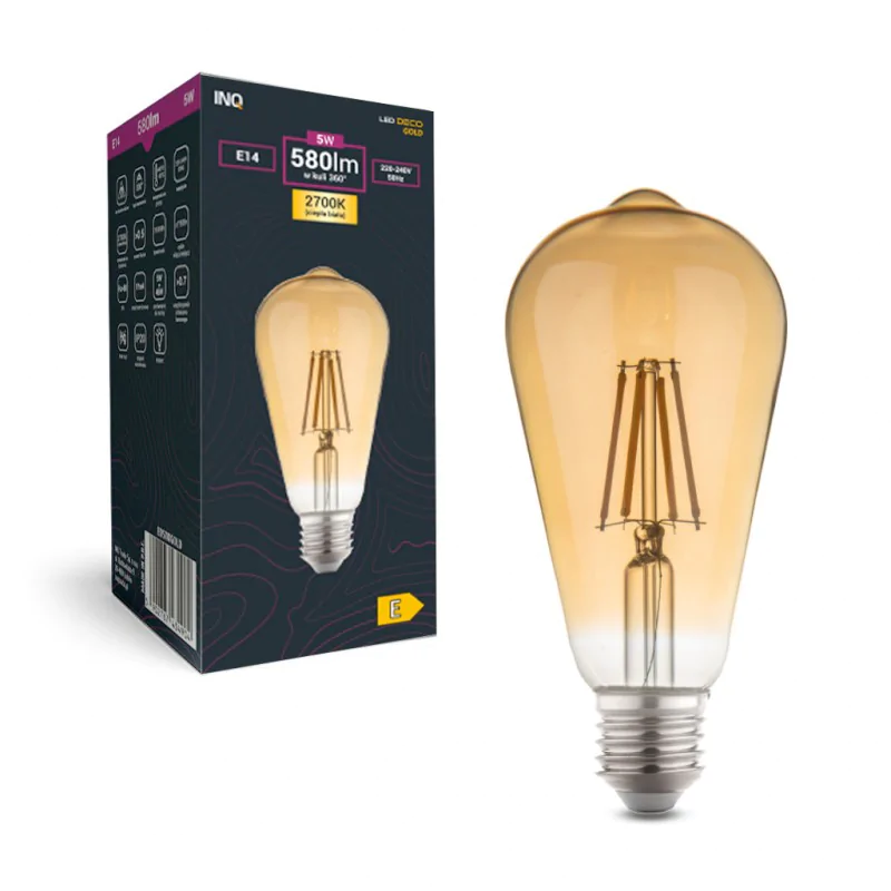 Gwint-trzonek-e14 - żarówka ozdobna led z gwintem e14 5w st48 złota vintage 2700k inq firmy INQ 