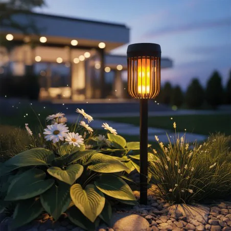 Lampy-solarne - lampka solarna wbijana oświetlenie solarne do ogródka słupek czarny flame pochodnia eko-light 