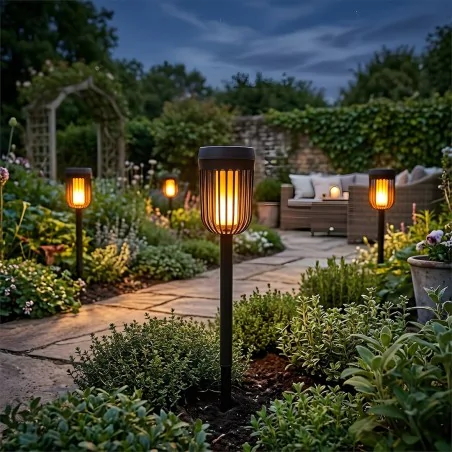 Lampy-solarne - lampka solarna wbijana oświetlenie solarne do ogródka słupek czarny flame pochodnia eko-light 