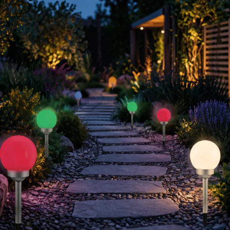 Lampy-solarne - lampka solarna kula na nóżce wbijana z kolorowym i ciepłym światłem ip44 polux/goldlux 