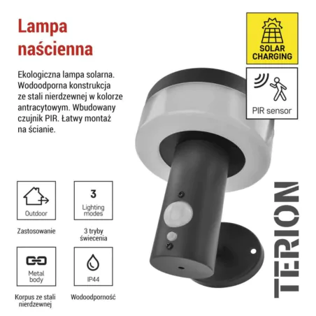 Kinkiety-solarne - lampa solarna na ścianę z czujnikiem ruchu i zmierzchu kinkiet antracytowy terion emos 