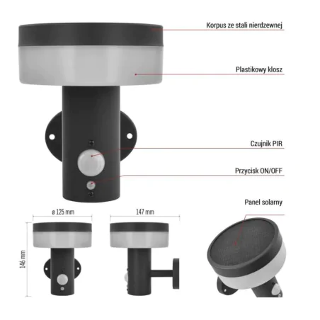Kinkiety-solarne - lampa solarna na ścianę z czujnikiem ruchu i zmierzchu kinkiet antracytowy terion emos 
