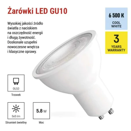 Gwint-trzonek-gu10 - żarówka led gu10 z wąskim kątem padania 36 stopni zimna 5,8w 565lm emos 
