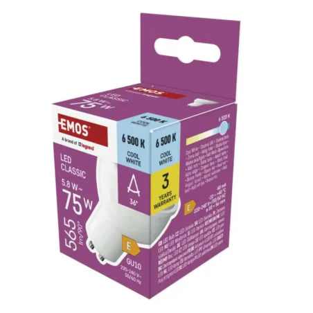 Gwint-trzonek-gu10 - żarówka led gu10 z wąskim kątem padania 36 stopni zimna 5,8w 565lm emos 