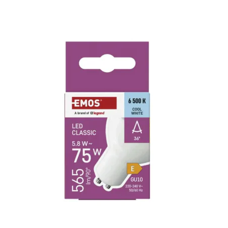Gwint-trzonek-gu10 - żarówka led gu10 z wąskim kątem padania 36 stopni zimna 5,8w 565lm emos 