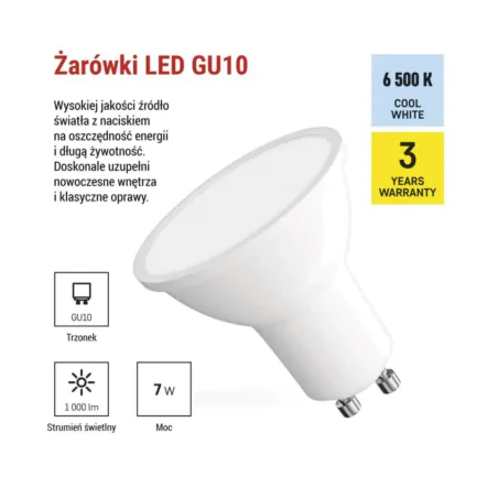 Gwint-trzonek-gu10 - mocna żarówka led gu10 z zimnym światłem gu10 7w 6500k emos 