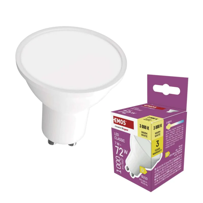 Gwint-trzonek-gu10 - mocna żarówka led gu10 z ciepłym światłem 1000lm 7w 3000k emos firmy EMOS 