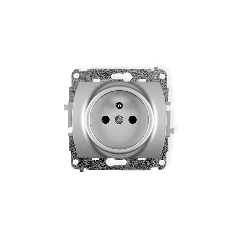 Gniazda-pojedyncze-podtynkowe - gniazdo pojedyncze z uziemieniem i przesłonami torów prądowych srebrne do ramki trend karlik 5gp-1zp firmy Karlik 