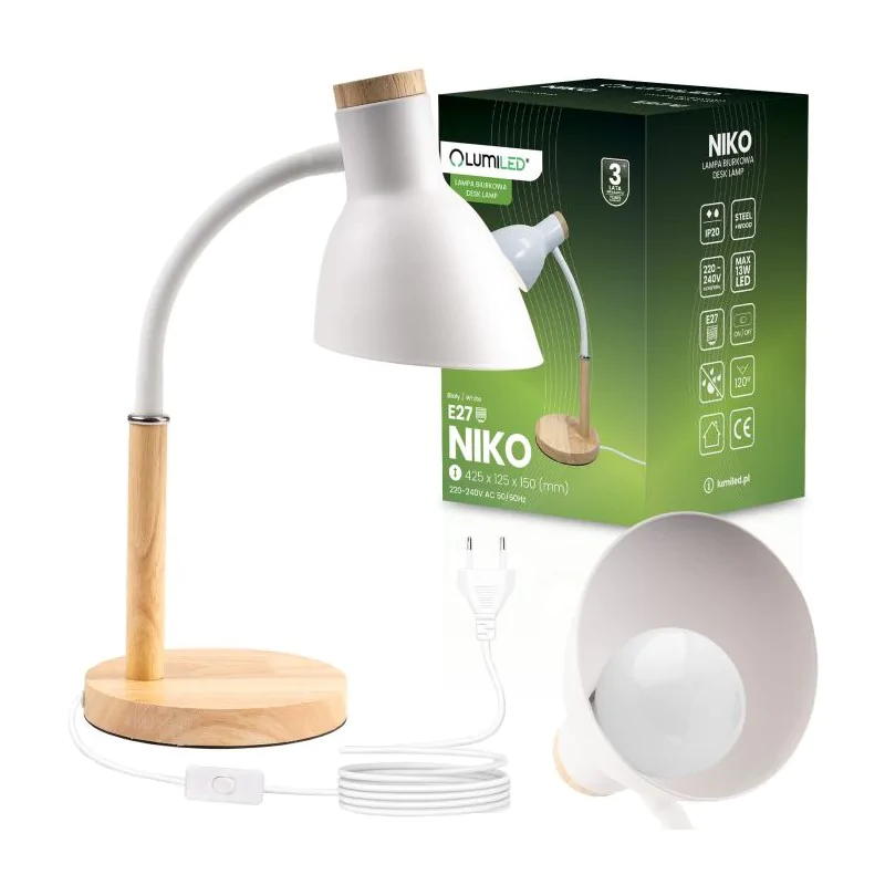 Lampki-biurkowe - lampka biurkowa klasyczna biało-drewniana szkolna kreślarska e27 niko lumiled firmy LUMILED 