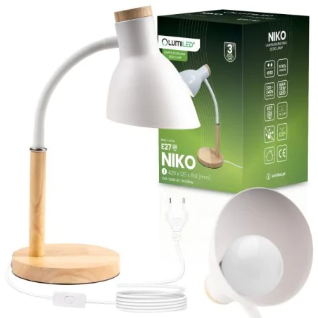 Lampki-biurkowe - lampka biurkowa klasyczna biało-drewniana szkolna kreślarska e27 niko lumiled 