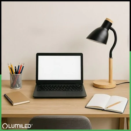 Lampki-biurkowe - lampka biurkowa klasyczna czarna drewniana szkolna kreślarska e27 niko lumiled 
