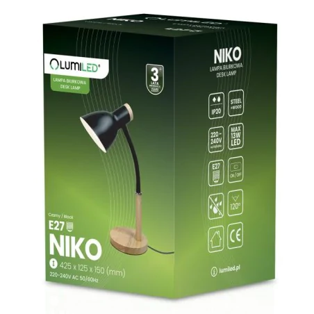 Lampki-biurkowe - lampka biurkowa klasyczna czarna drewniana szkolna kreślarska e27 niko lumiled 
