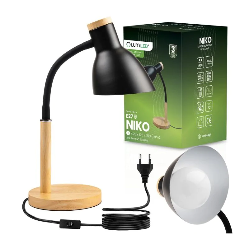 Lampki-biurkowe - lampka biurkowa klasyczna czarna drewniana szkolna kreślarska e27 niko lumiled firmy LUMILED 