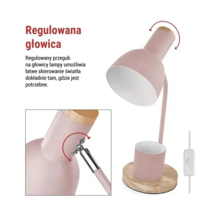 Lampki-biurkowe - lampka biurkowa różowa pastelowa drewniana szkolna z przybornikiem e27 poppy emos 