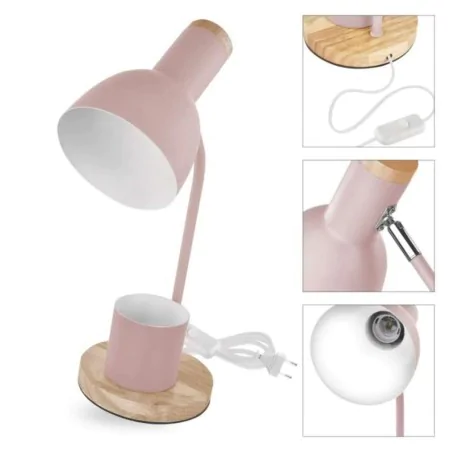 Lampki-biurkowe - lampka biurkowa różowa pastelowa drewniana szkolna z przybornikiem e27 poppy emos 