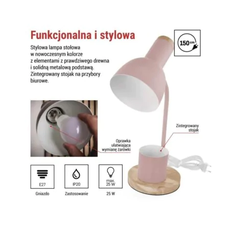 Lampki-biurkowe - lampka biurkowa różowa pastelowa drewniana szkolna z przybornikiem e27 poppy emos 