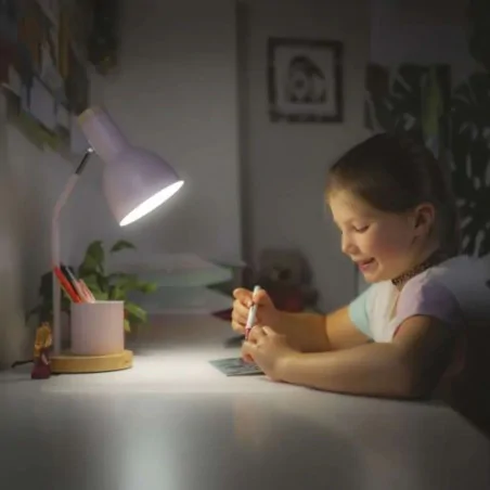 Lampki-biurkowe - lampka biurkowa różowa pastelowa drewniana szkolna z przybornikiem e27 poppy emos 