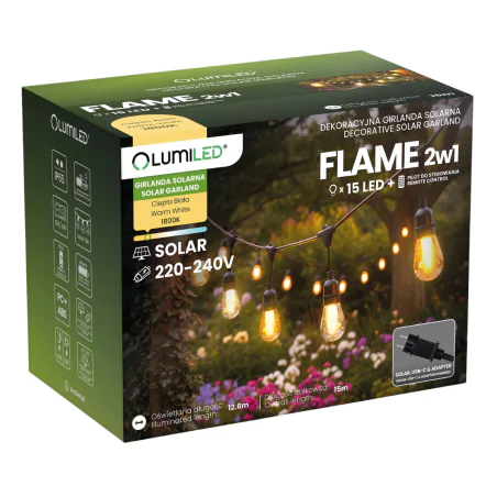 Swiecace-kule-i-girlandy - łańcuch solarny 15m ozdobne żarówki z efektem płomienia ciepłe światło flame lumiled 