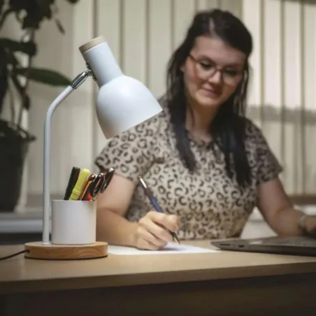 Lampki-biurkowe - lampka biurkowa biała metalowa drewniana szkolna z przybornikiem e27 poppy emos 