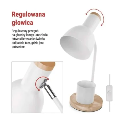 Lampki-biurkowe - lampka biurkowa biała metalowa drewniana szkolna z przybornikiem e27 poppy emos 