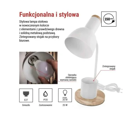 Lampki-biurkowe - lampka biurkowa biała metalowa drewniana szkolna z przybornikiem e27 poppy emos 
