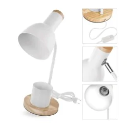 Lampki-biurkowe - lampka biurkowa biała metalowa drewniana szkolna z przybornikiem e27 poppy emos