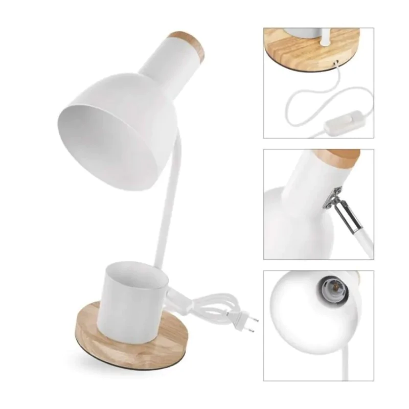 Lampki-biurkowe - lampka biurkowa biała metalowa drewniana szkolna z przybornikiem e27 poppy emos firmy EMOS 