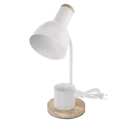 Lampki-biurkowe - lampka biurkowa biała metalowa drewniana szkolna z przybornikiem e27 poppy emos 