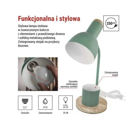 Lampki-biurkowe - lampka biurkowa miętowa metalowa drewniana szkolna z przybornikiem e27 poppy emos 