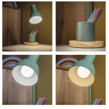 Lampki-biurkowe - lampka biurkowa miętowa metalowa drewniana szkolna z przybornikiem e27 poppy emos 
