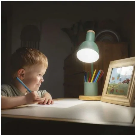 Lampki-biurkowe - lampka biurkowa miętowa metalowa drewniana szkolna z przybornikiem e27 poppy emos 