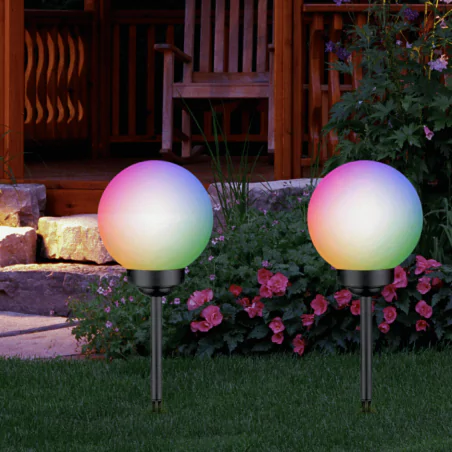 Lampy-solarne - lampa solarna wbijana kula 15cm kolorowe światło rgb atris  lumiled 