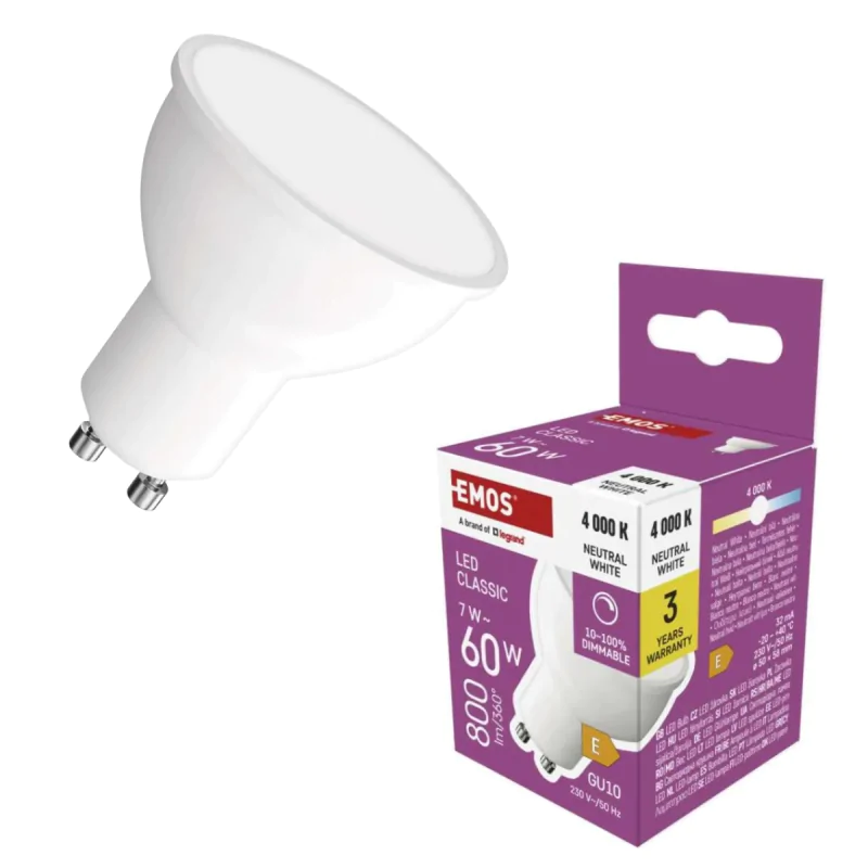 Gwint-trzonek-gu10 - żarówka led gu10 7w neutralna ściemnialna 800lm emos firmy EMOS 