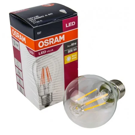 Gwint-trzonek-e27 - żarówka led z filamentami z gwintem e27 7w-60w 806lm ciepła 2700k value classic osram 