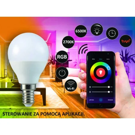 Gwint-trzonek-e14 - żarówka led e14 sterowana telefonem ze zmienną barwą światła tuya g45 5,5w wifi smart led 313799 polux 